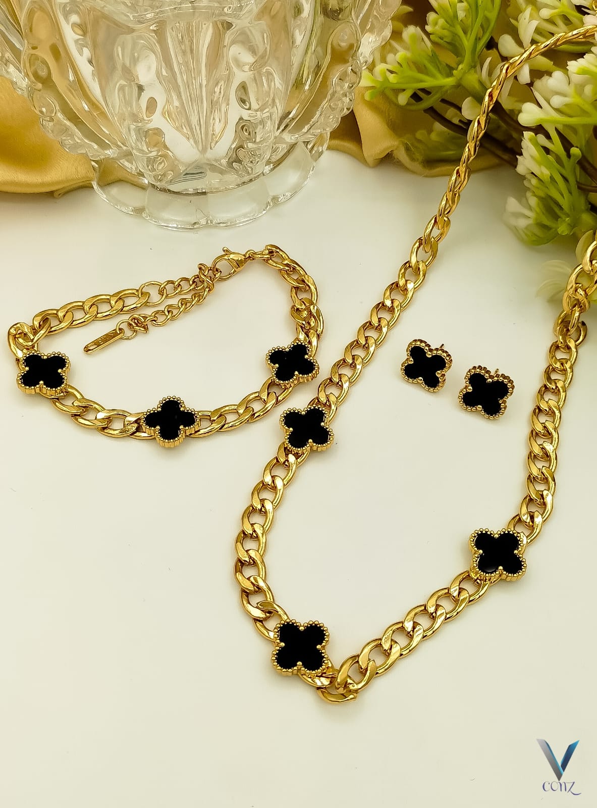 ✨ Elegant Floral Black & Gold Color Jewelry Set
