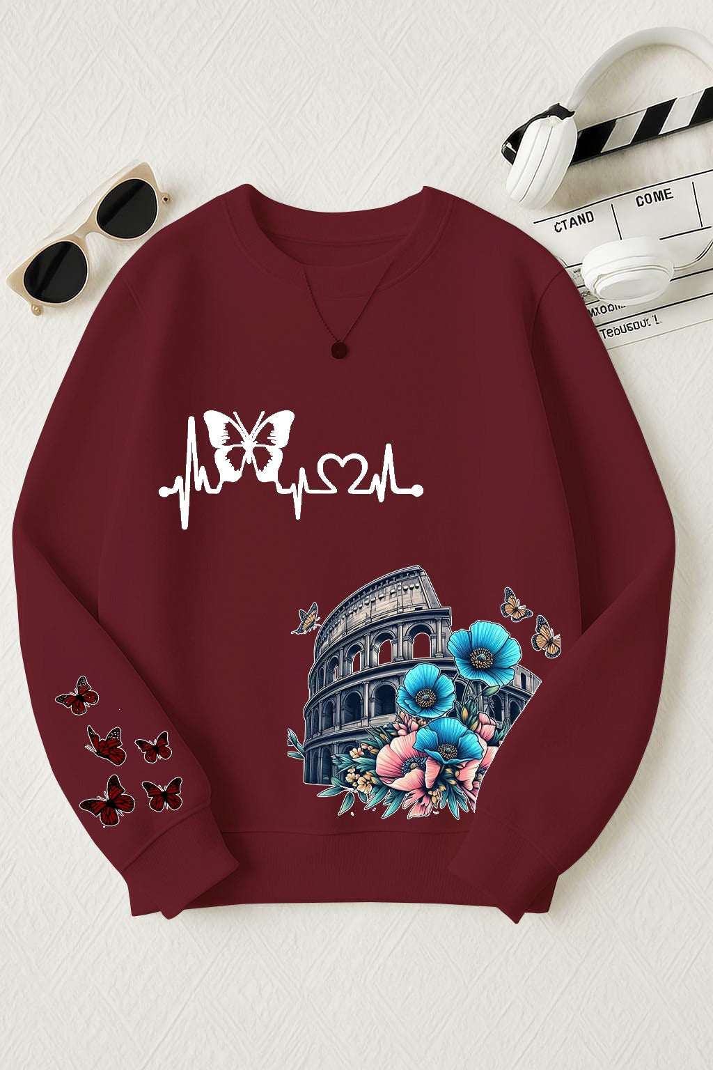 Heartbeat Line With Blooming Pastel Flowers Printed Sweatshirt