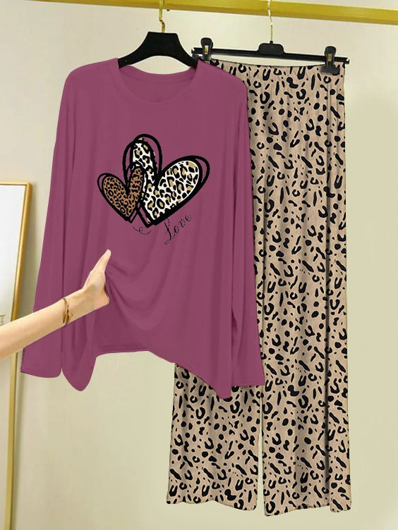 Heart Design Cheetah Print Loungewear