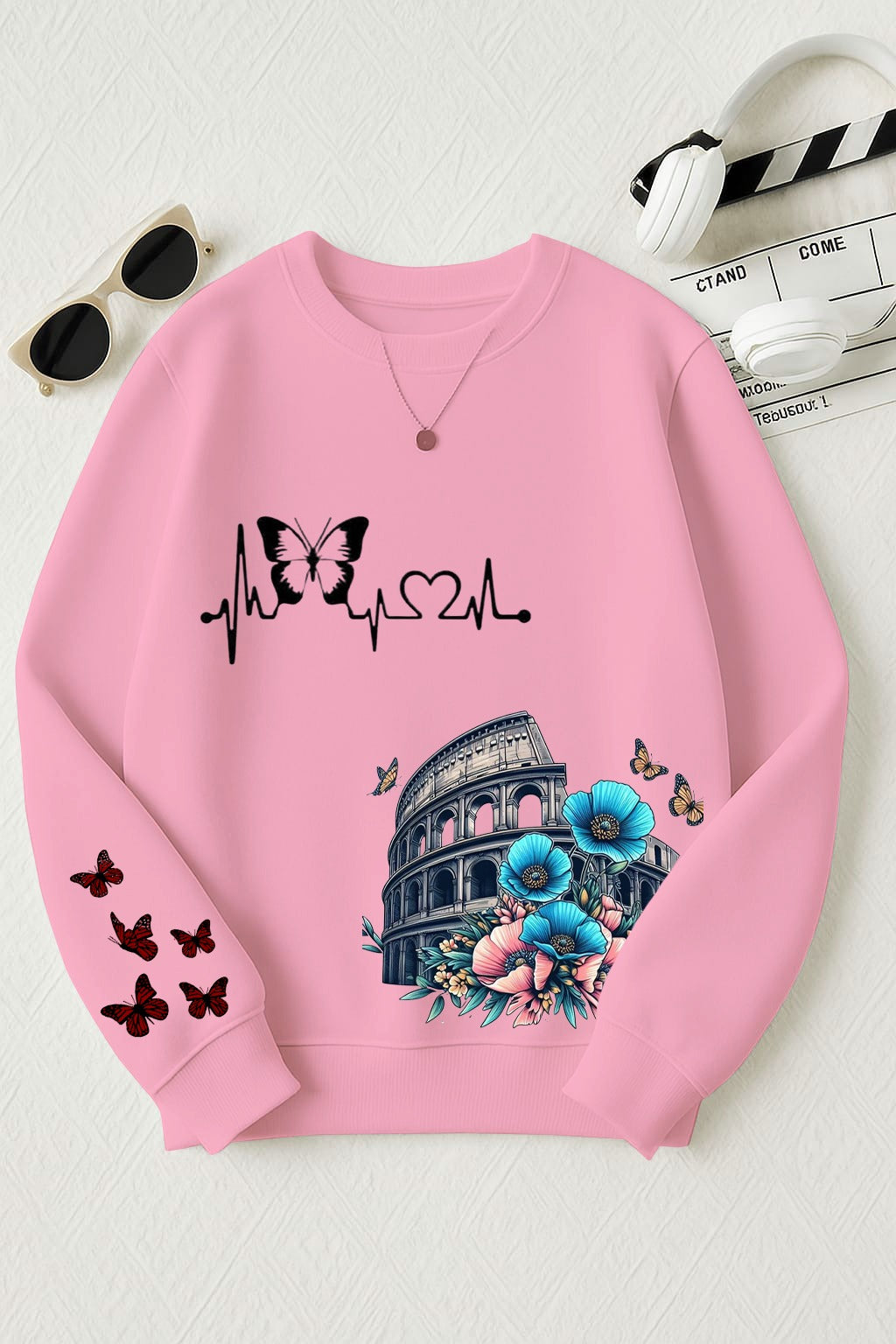 Heartbeat Line With Blooming Pastel Flowers Printed Sweatshirt