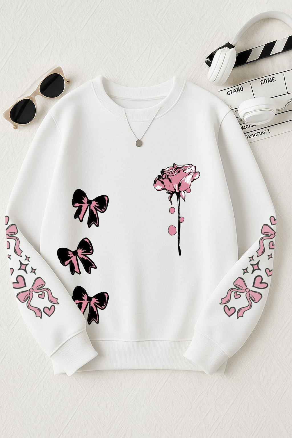 🌸 Soft Hearts & Pretty Bows Printed Sweatshirt