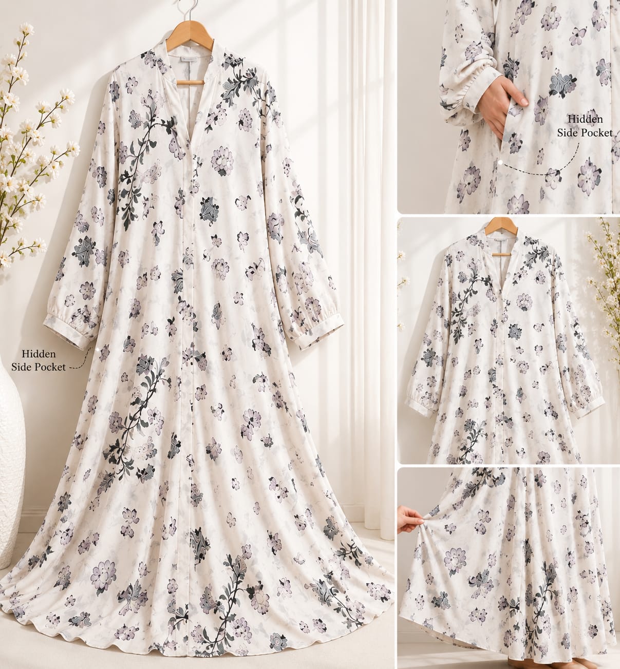 3D Floral Print Front-Open Abaya 🌸