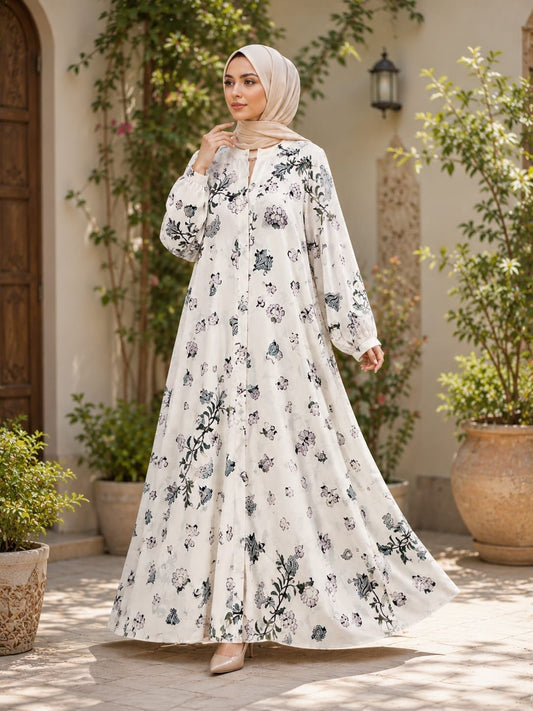 3D Floral Print Front-Open Abaya 🌸