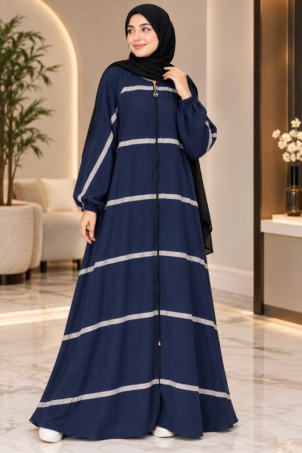 Striped Front-Zip Abaya