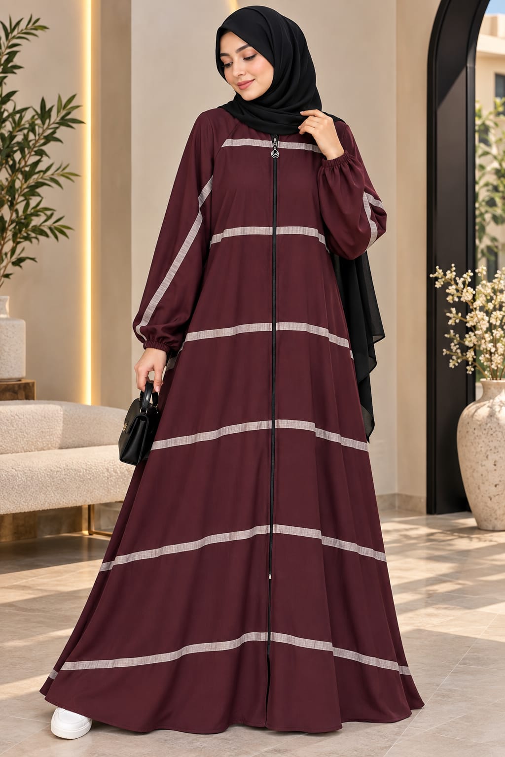 Striped Front-Zip Abaya