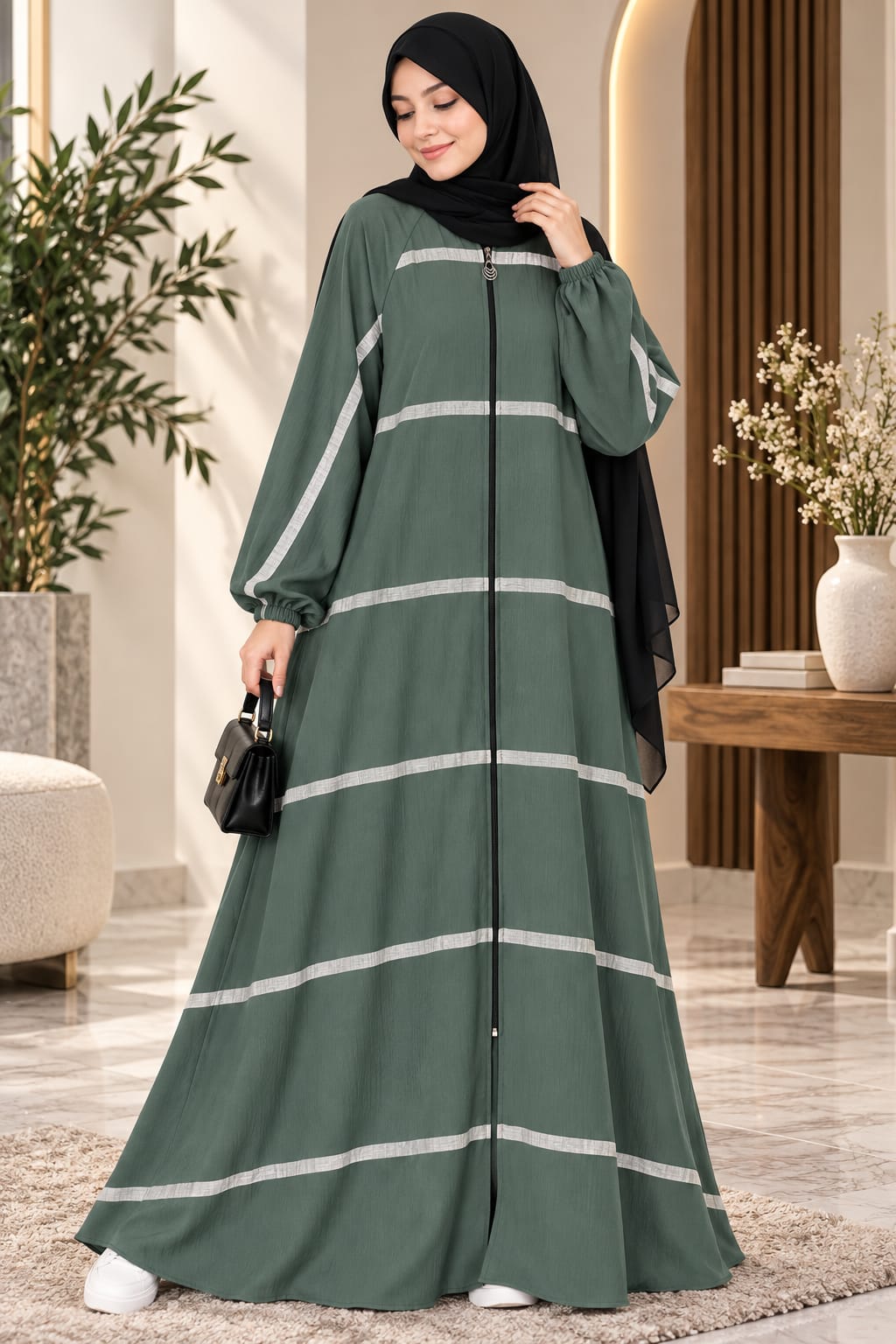 Striped Front-Zip Abaya