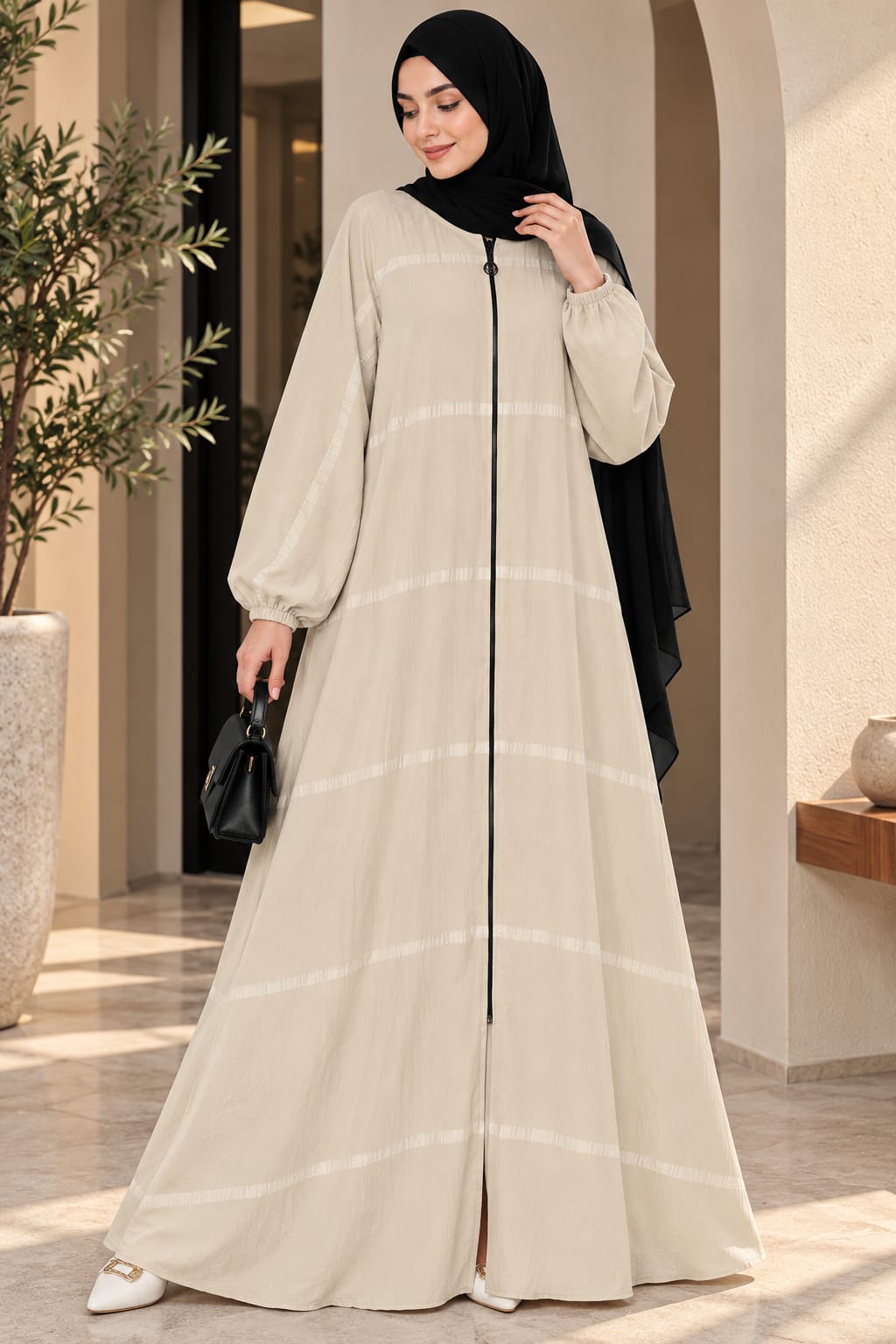 Striped Front-Zip Abaya