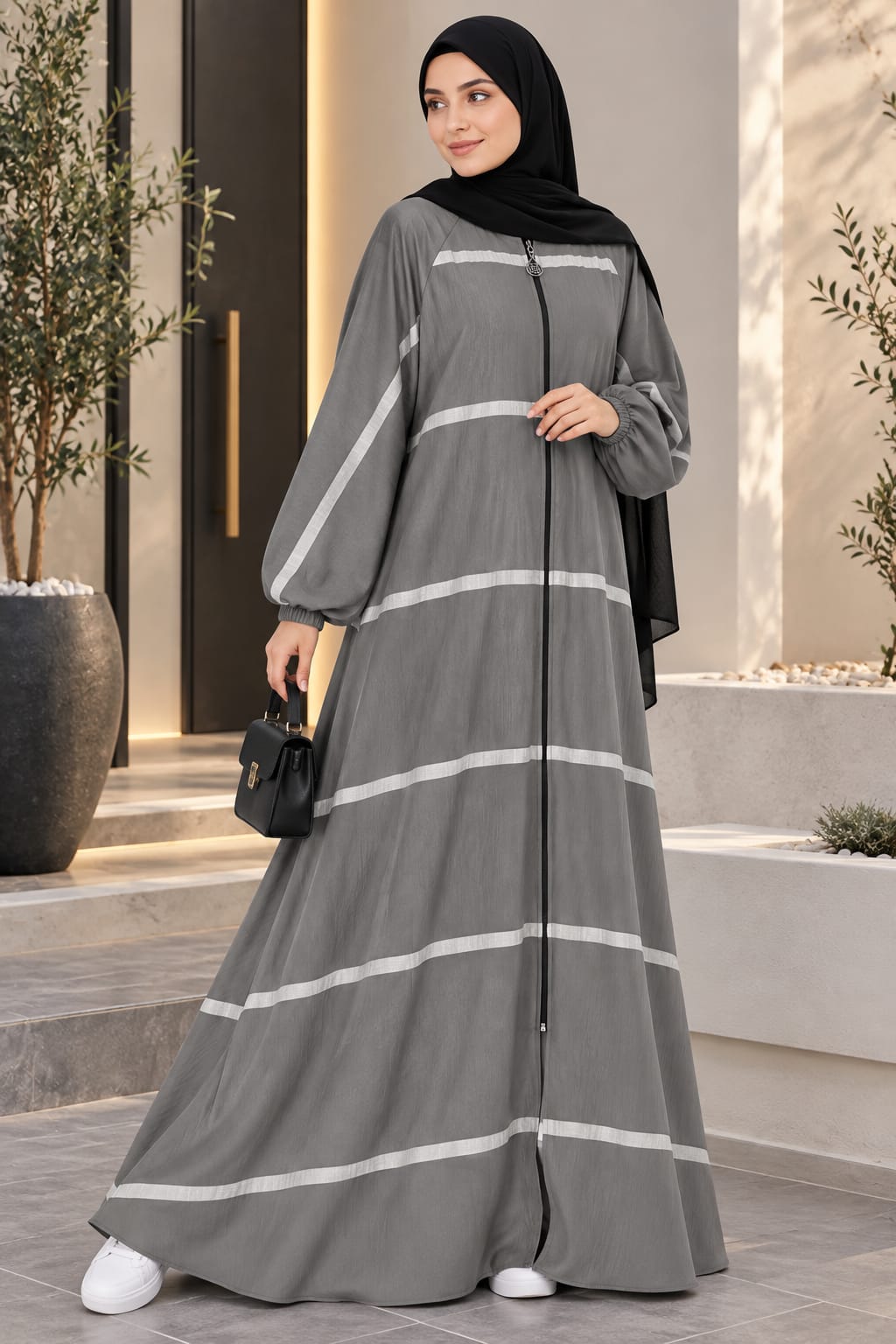Striped Front-Zip Abaya