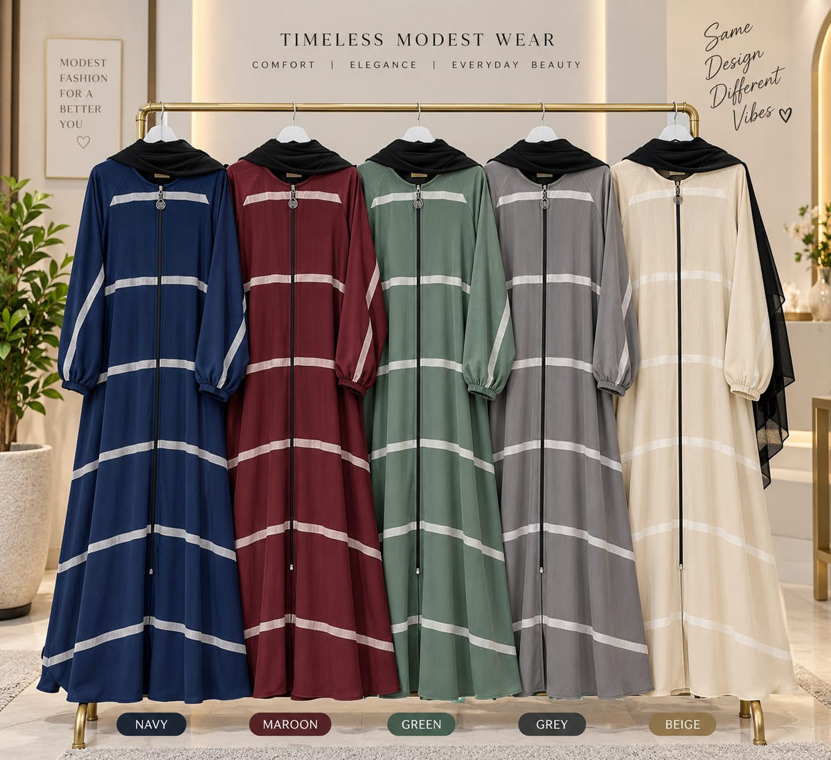 Striped Front-Zip Abaya
